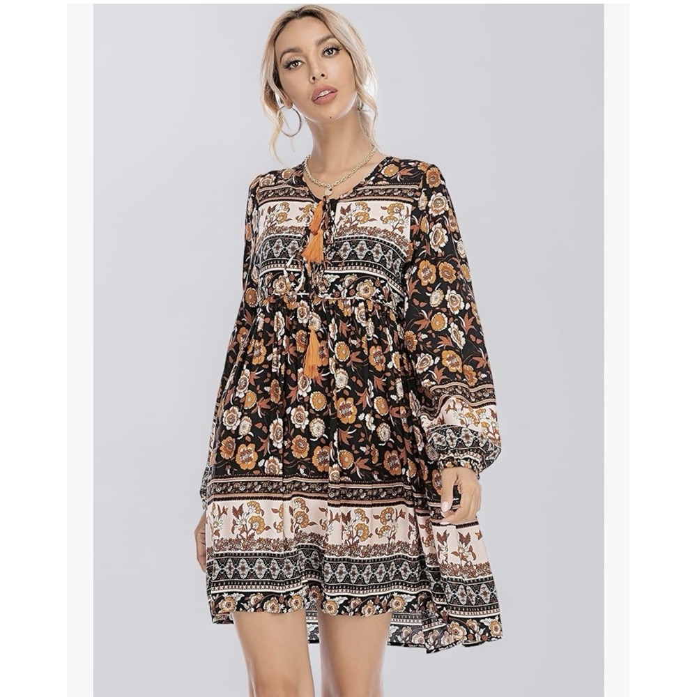 R. Vivimos Black Orange Floral Boho Short Dress‎ Long Sleeve Round Neck Tie M